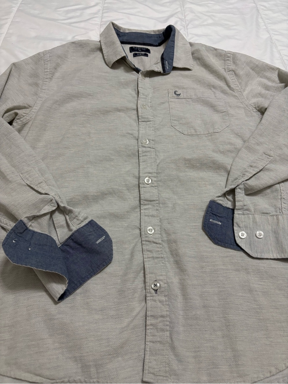 Old Khaki Men's Slim Fit Gray Button Down Shirt Navy Trim Preppy Size Large